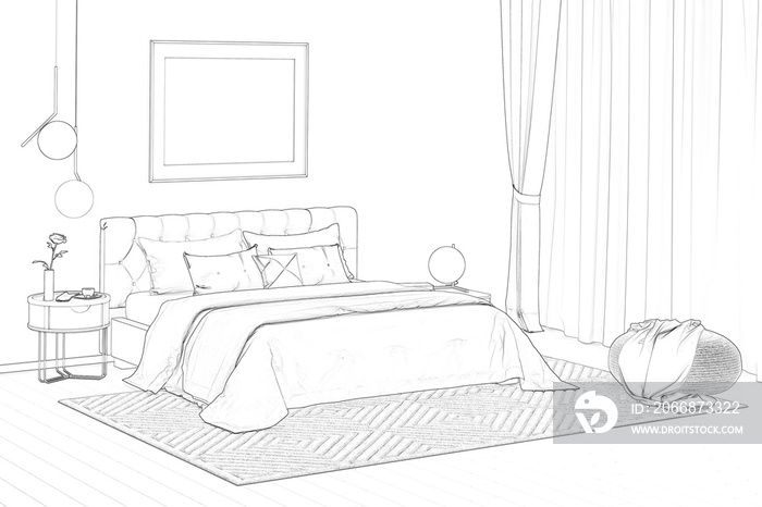 3d illustration. Sketch of the cozy bedroom with painting, a nightstand, a pouf, and a plaid