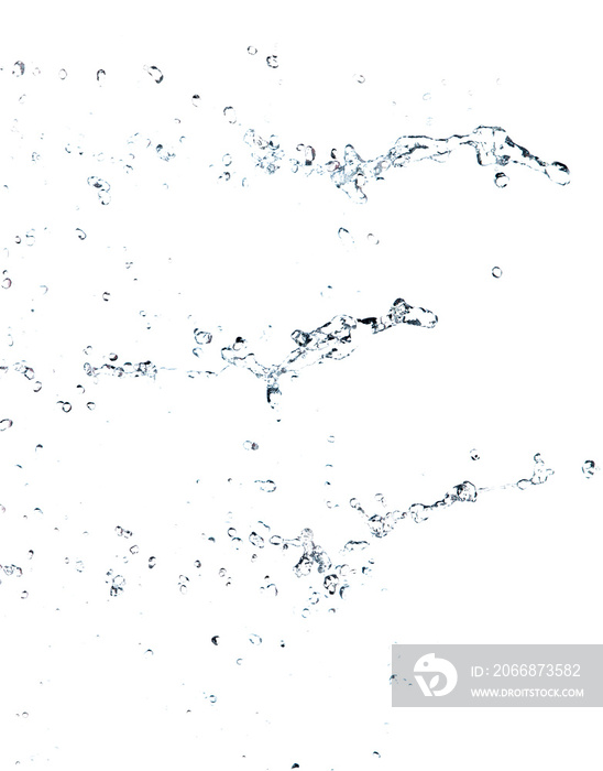 Shape form droplet of Water splashes into drop water line tube attack fluttering in air and stop motion freeze shot. Splash Water for  graphic resource elements, White background isolated