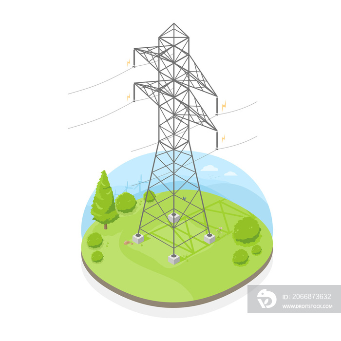 hight electric power transmissian tower line high volt isometric on nature cartoon