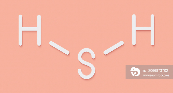 Hydrogen sulfide (H2S) molecule. Toxic gas with characteristic odor of rotten eggs. Skeletal formula.