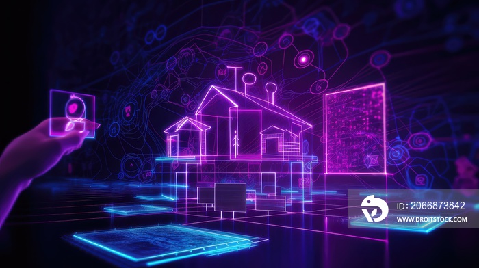 neon smart home virtual world application technology with neon glow icons, Smart home concept. Remote control and home management