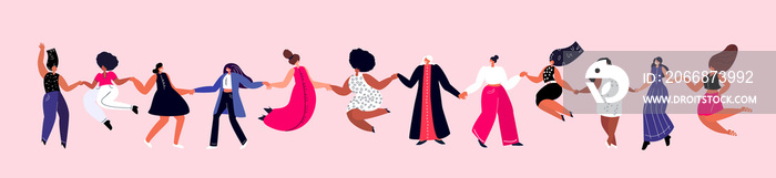 Happy International Woman Day.Feminism concept.Bright Beautiful Different Dancing Girls Holding Hands.Party,Eight of March Celebration. Free Confident Women.Female Empowerment.Vector Flat Illustration