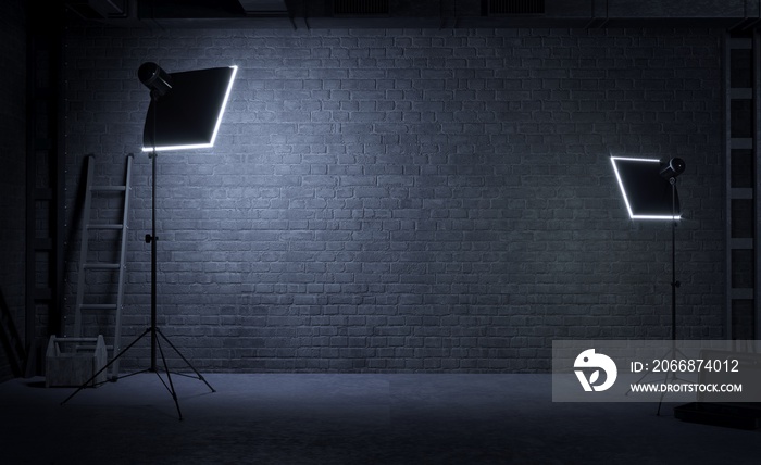 Photo studio room with dark brick background