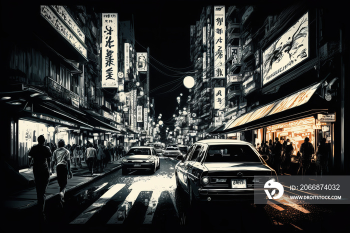 Tokyo street urban black and white. Vintage japan.