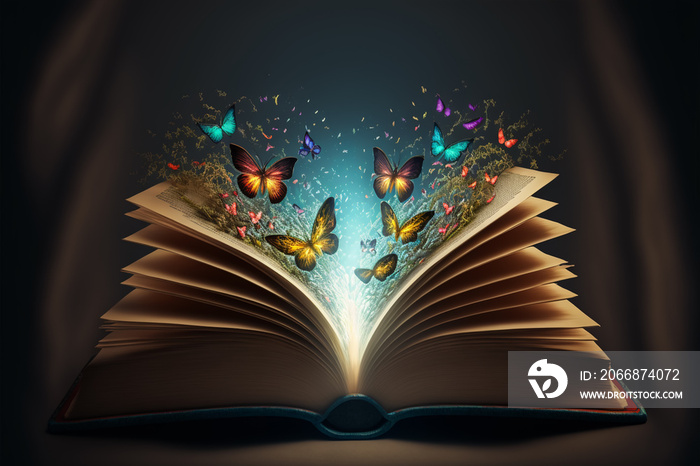 An open magic book with a bright glow around. Small butterflies of the book are scattered in the air. 3d illustration