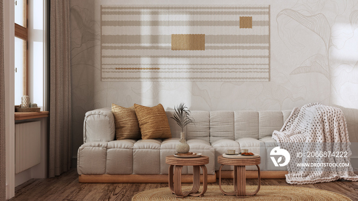 Vintage living room in white and beige tones, rattan furniture, parquet floor and wallpaper. Farmhouse interior design