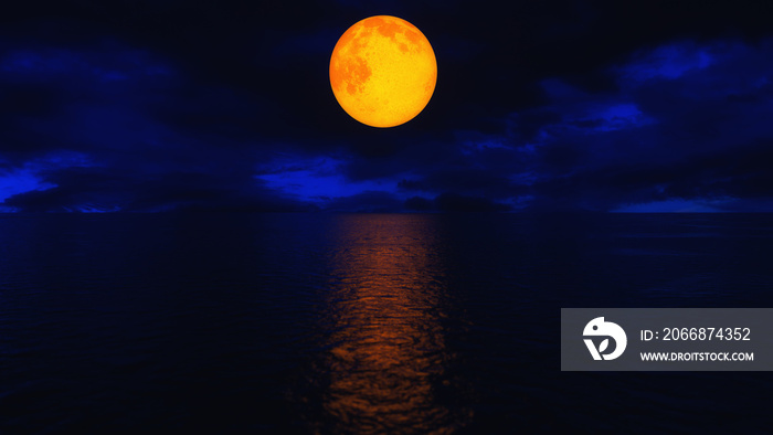 blood red moon over the ocean (3d rendering,this image elements furnished by NASA)