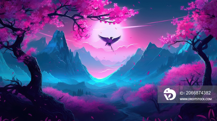 3D neon world, spring, a beautiful neon world with lots of colorful flowers and mountains, magical neon world children playing, neon spring flowers and forest