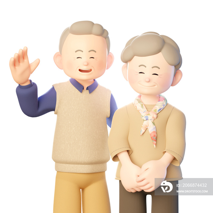 3d illustration of an old man and woman greeting each other with happy faces and hands