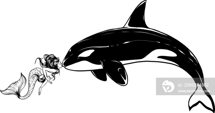 monochrome drawing of a jumping orca whale in black and white.