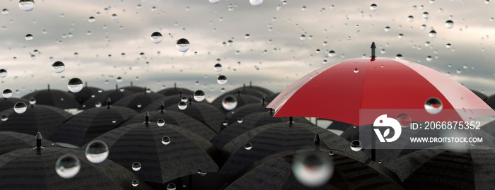 Single red umbrella in a crowd of black umbrellas standing out and being different on a rain filled day 3d render