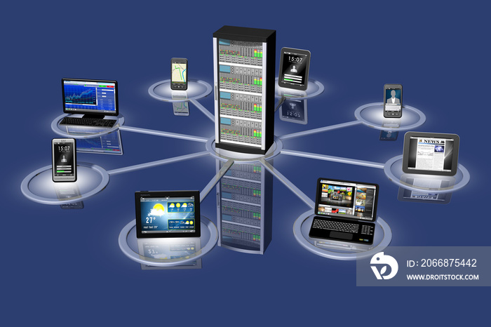 Rappresentazione simbolica fra le nuvole di sistemi informatici, Pc, computer, tablet, smartphone collegati fra loro e ad un server centrale.