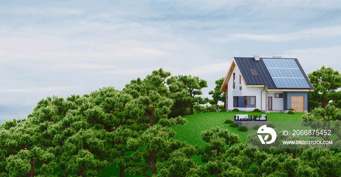 Photovoltaic Solar Panels on Newly Built Modern House, 3d rendering