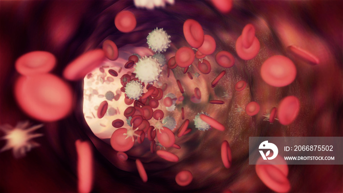 3D illustration of a bloodstream with red cell white cell and platelet