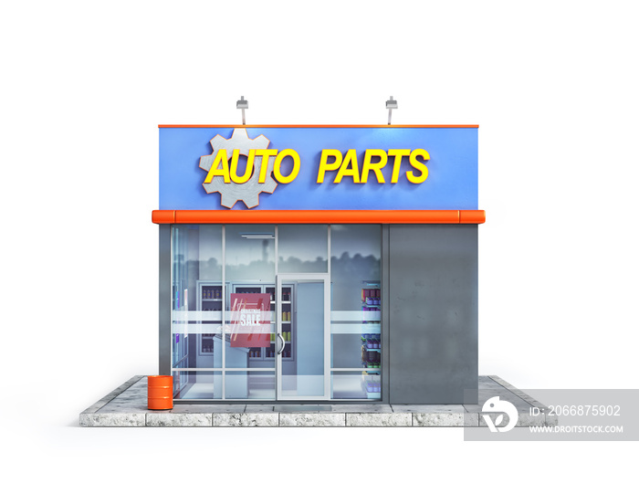 Auto parts store isolated on a white background. 3d illustration