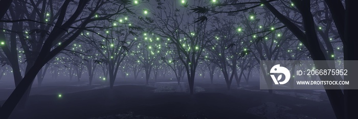 abstract Glowing particle Sparkles on alien planet landscape forest 3d rendering