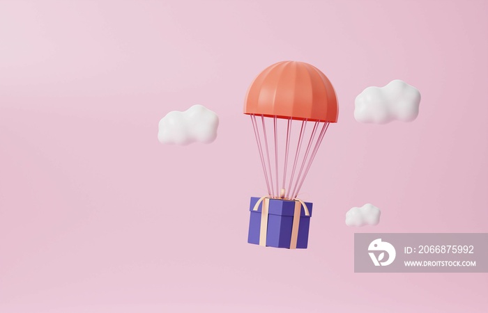 3D Red parachute carrying a purple gift box flying through the clouds. 3d render illustration