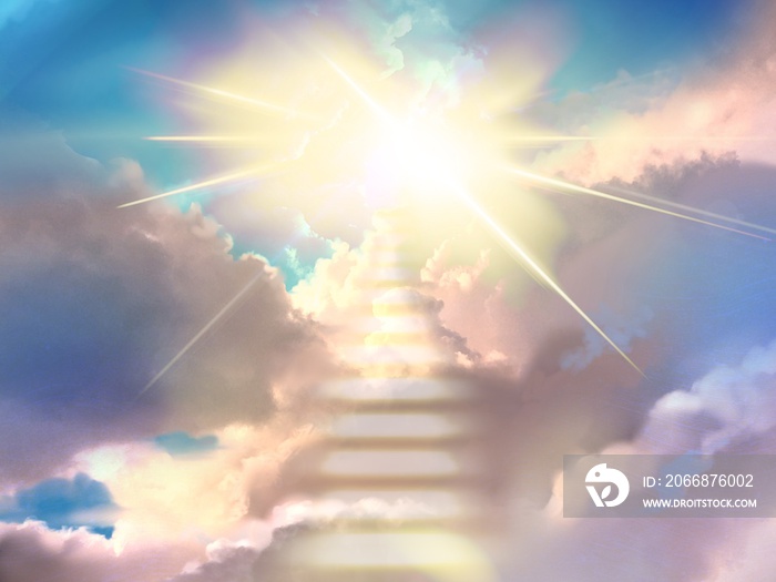 Illustration of a mystical gateway to heaven and a staircase of clouds, and divine light shining through a gap in the sea of clouds.