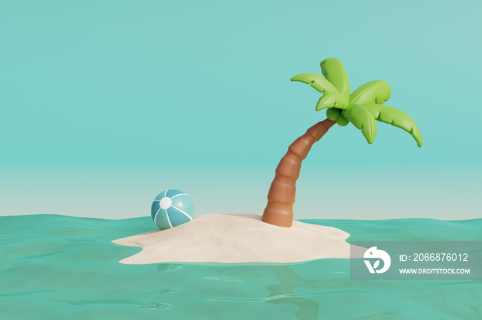 Summer tropical beach on a sunny day with coconut tree. Summer vacation. 3d rendering.