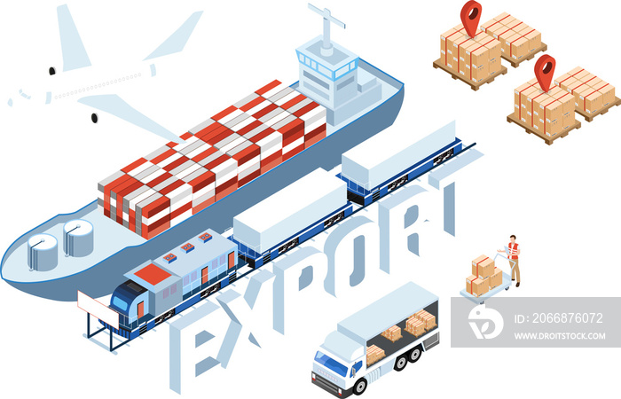 3D isometric Global logistics network concept with Export, Import, Transportation operation service, Cargo, Air, Road, Maritime delivery. Clipart Transparent PNG