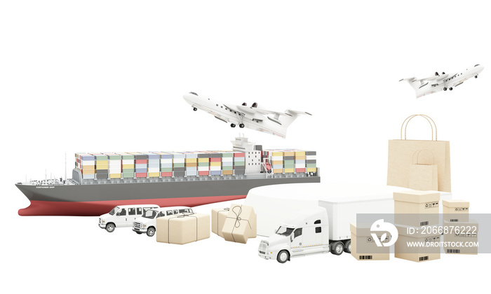 international transport shipping concept podium product stand surrounded by cardboard boxes, a cargo container ship, a flying plane, a van and a truck isolated on white background 3D rendering PSD