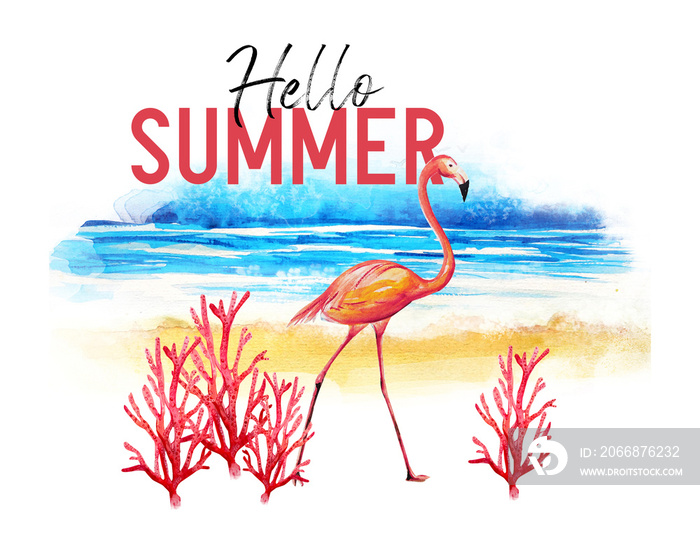 Hand drawn watercolor drawing of summer card, illustration art.