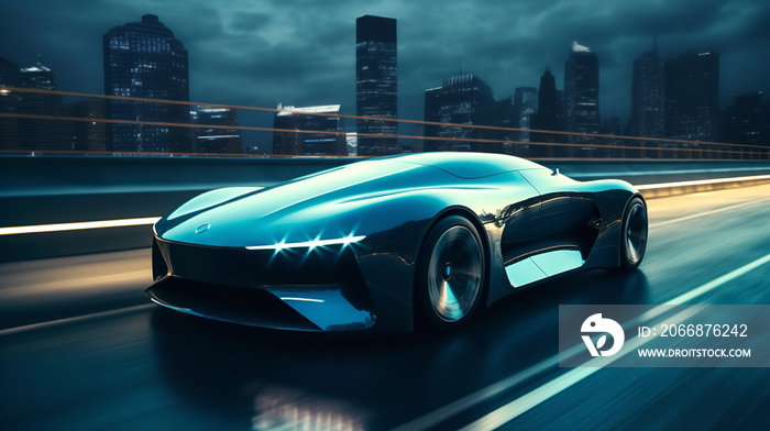 Luxury car speeding on a sleek modern highway with futuristic city skyline in the background. High-tech and urban concept, with sleek lines, fast motion, and a sense of sophistication. The future of c