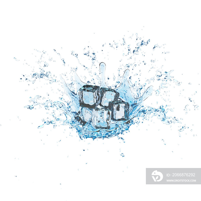 3d ice cubes with water splash transparent, clear blue water scattered around isolated. 3d render