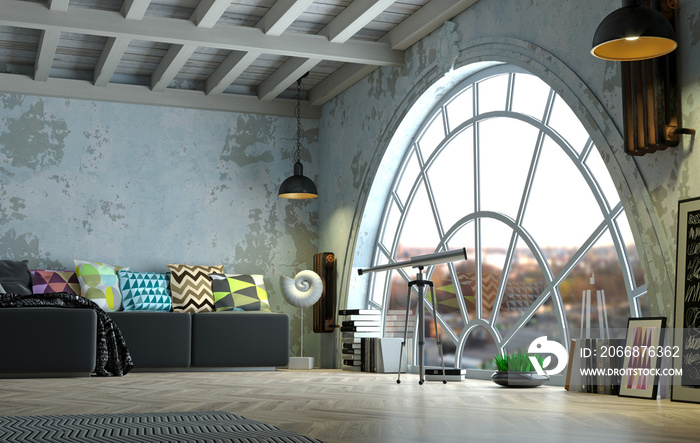 Loft style attic interior huge arched window