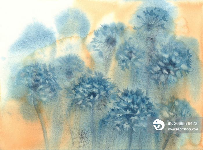 dandelion clockin the yellow grunge watercolor background