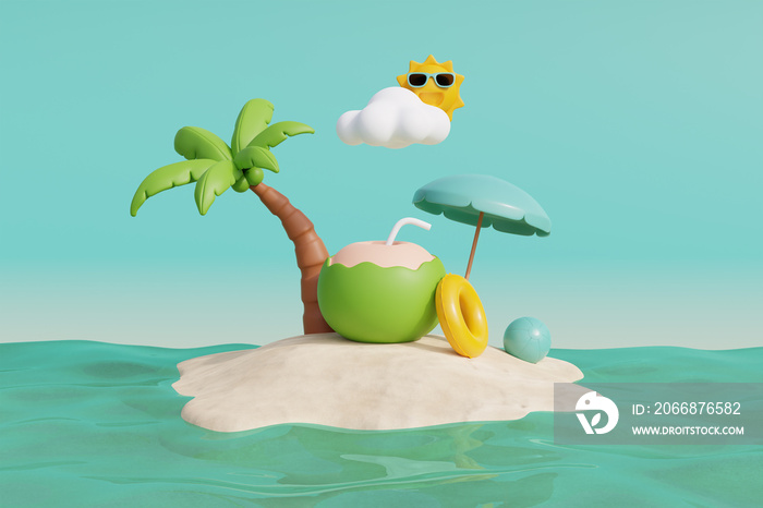 Summer tropical beach on a sunny day with coconut tree. Summer vacation. 3d rendering.