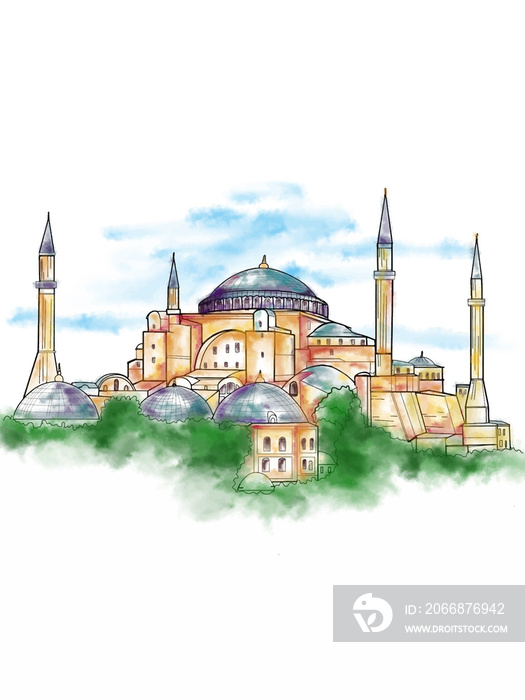 The Hagia Sophia - Ayasofya museum in Turkey illustration watercolor