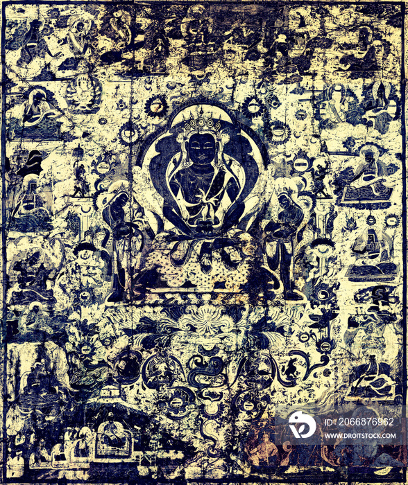 Ancient Buddha mandala with textured and grunge painted overlays for a modern contemporary style.