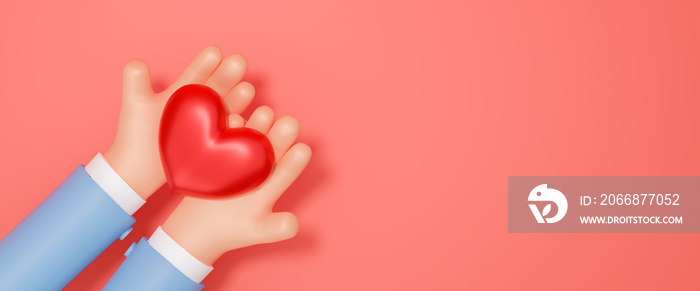 Hands holding red heart for valentines day on pink background, donate help give love warmth take care, health care, self love, family insurance, world heart day, donation concept, 3d rendering