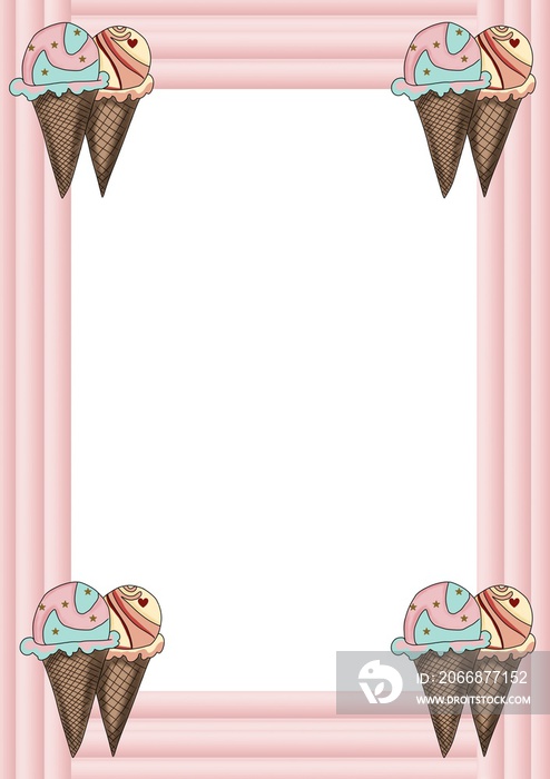 ice cream frame. A4 size sheet decorated with a light pink frame and a couple of cone ice creams in each corner, vanilla with chocolate and strawberry with bubble gum. ideal to use as a printable desi