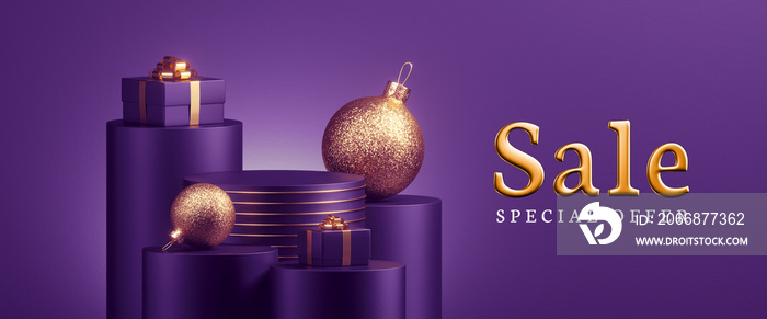 Special offer sale banner with purple background. Minimal showcase scene for product presentation, empty podiums decorated with gift boxes and golden christmas ornaments. 3d render