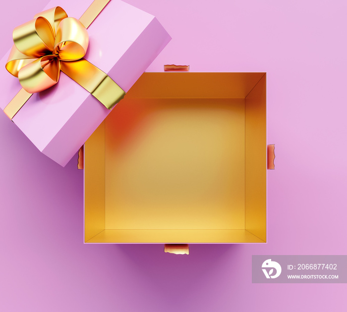 Opening pink gift box with golden shiny bow on pink background 3D Rendering