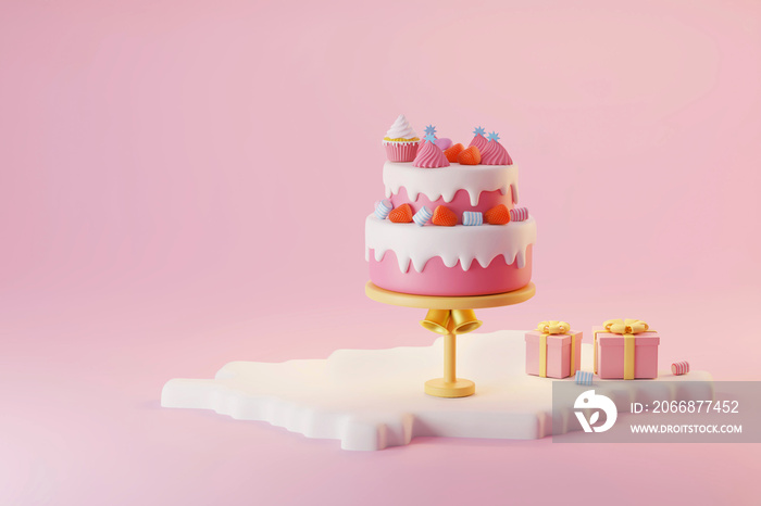 Minimal pink cake with white icing and gift box for valentine day and celebration coming 3d illustration