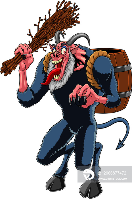 Angry Krampus Or Christmas Devil Cartoon Character. Hand Drawn Illustration Isolated On Transparent Background