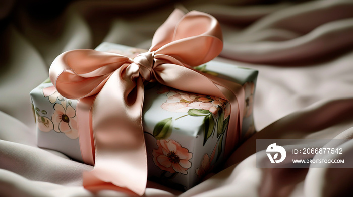 Beautifully wrapped Mother’s Day gift, adorned with a delicate satin bow and placed on a soft, textured fabric.