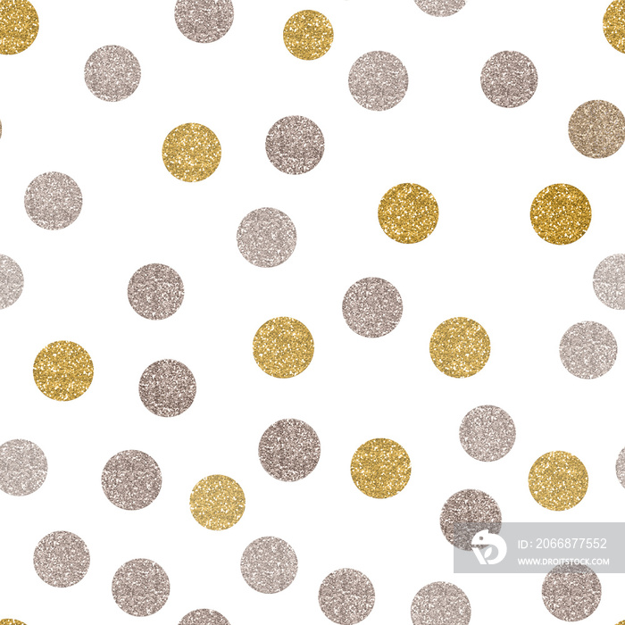 Cristmas seamless background with glitter gold and silver dots. Minimalistic happy Xmas pattern on white background. Happy New Year minimal pattern