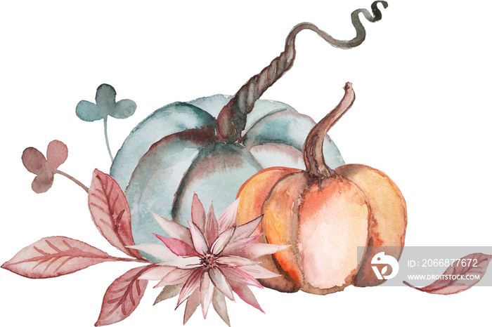 Autumn composition of pumpkin, flowers and leaves. Watercolor illustration for autumn holidays and thanksgiving day