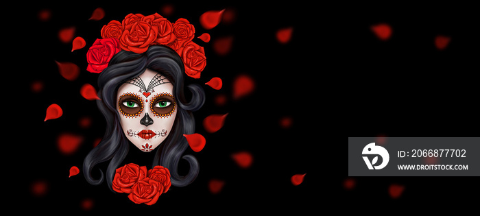 Day of the dead, Dia de los muertos. Girl with makeup - sugar skull with rose flowers. Lettering Dia de los muertos.