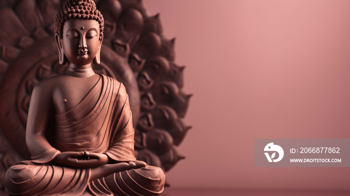 Buddhism background banner with buddha statue and empty space for copy text. Concept of religion and spiritual practice.