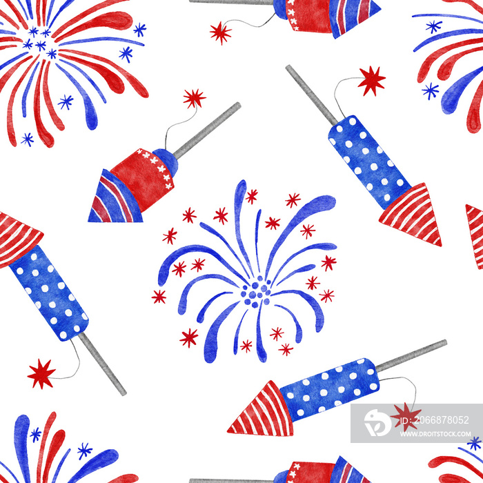 Watercolor hand drawn seamless patriotic american pattern with 4th of july balloons hearts hat flowers. Fourth of july Independence day US fabric print, blue red white background stars stripes.