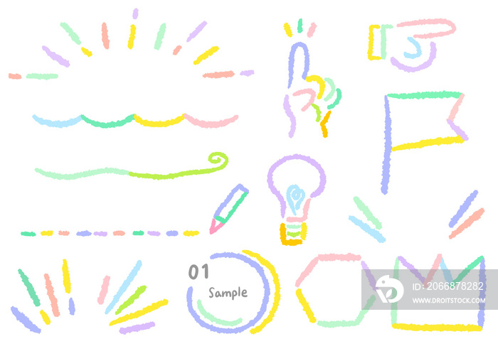 Pastel color simple line drawing treatment Finger mark Cute hand drawn illustration set / パステルカラーのシンプルな線画のあしらい 指マーク かわいい手描きイラストセット