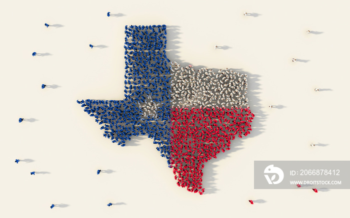 Large group of people forming Texas flag map in The United States of America in social media and community concept on white background. 3d sign symbol of crowd illustration from above