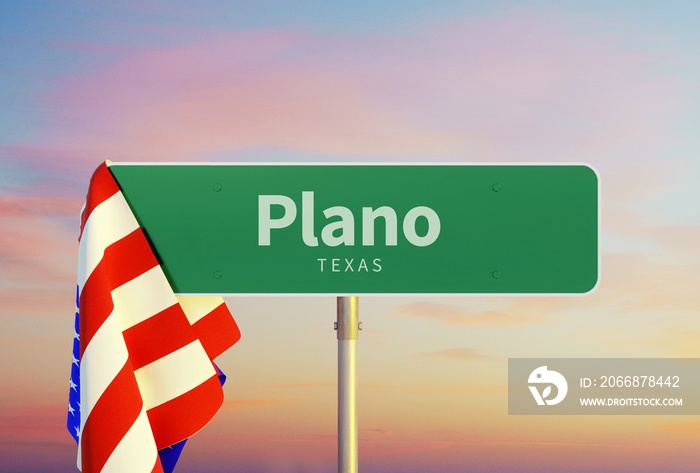 Plano - Texas Road or Town Sign. Flag of the united states. Sunset oder Sunrise Sky