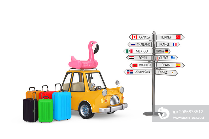 Car Travel Concept. Suitcases, Cartoon Car with Rubber Flamingo and Direction Signpost with Various Countries Names and Flags. 3d Rendering