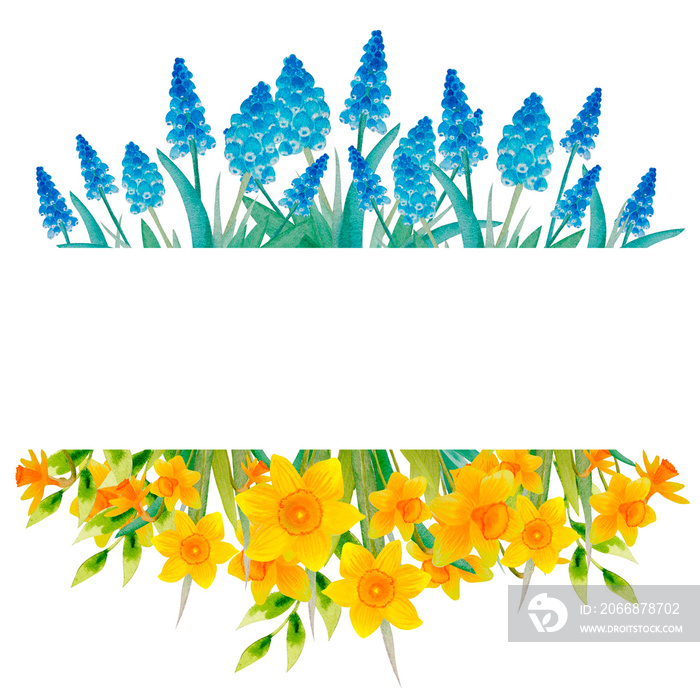 Watercolor blue and yellow flowers flag illustration